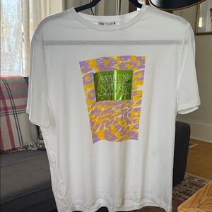 Zara White Tee with Green and Purple Graphic
